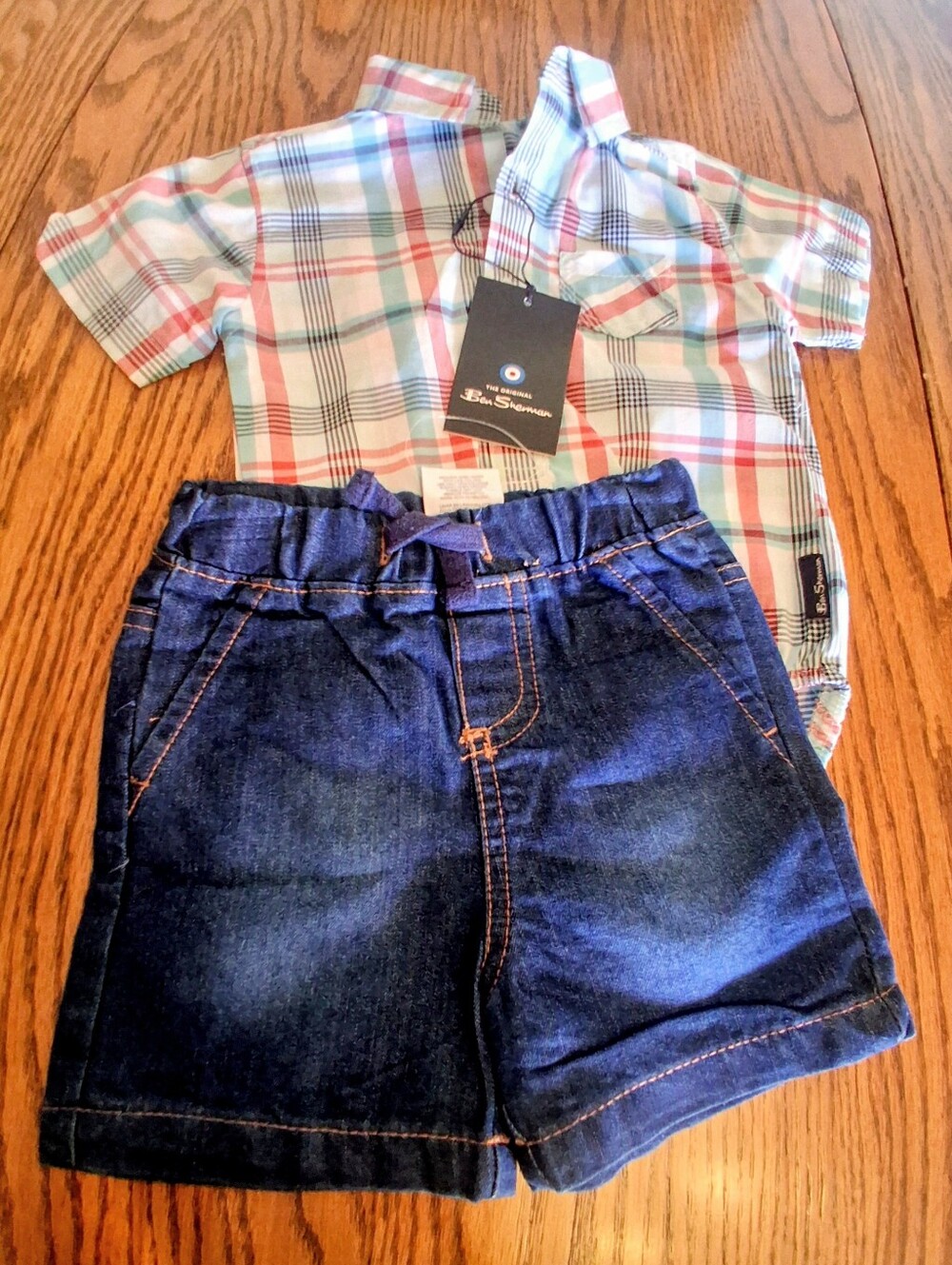 NWT Ben Sherman Brand Baby Boys 2 Piece Outfit. Shirt & Jean Shorts. Sz 6/9 Mos